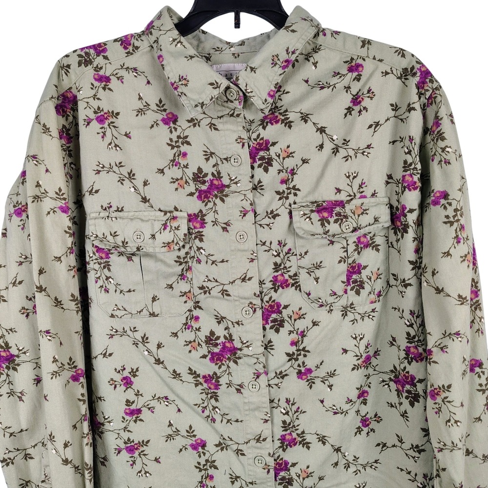 Womens SZ 16W Basic Editions Floral Button Down Sage Green Cotton Cottagecore